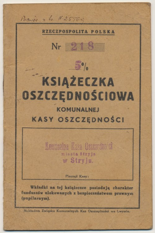 II RP, Książeczka oszczędnościowa Stryj 1939 Książeczka z roku wybuchu wojny. St...