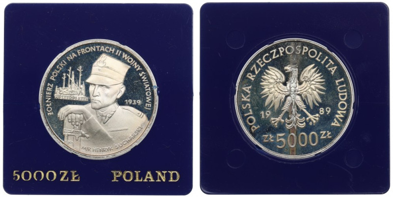 PRL, 5.000 złotych 1989 - Westerplatte Piękny egzemplarz. Patyna, skazy tła.