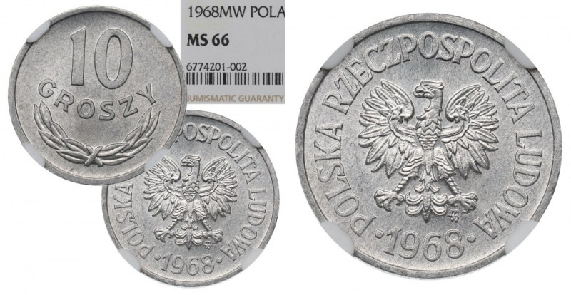 PRL, 10 groszy 1968 - NGC MS66 Wyśmienity, okazowy egzemplarz. Moneta doceniona ...