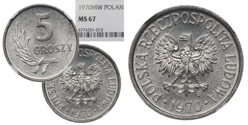 PRL, 5 groszy 1970 - NGC MS67 Piękny, menniczy przykład 5-groszówki. Moneta doce...