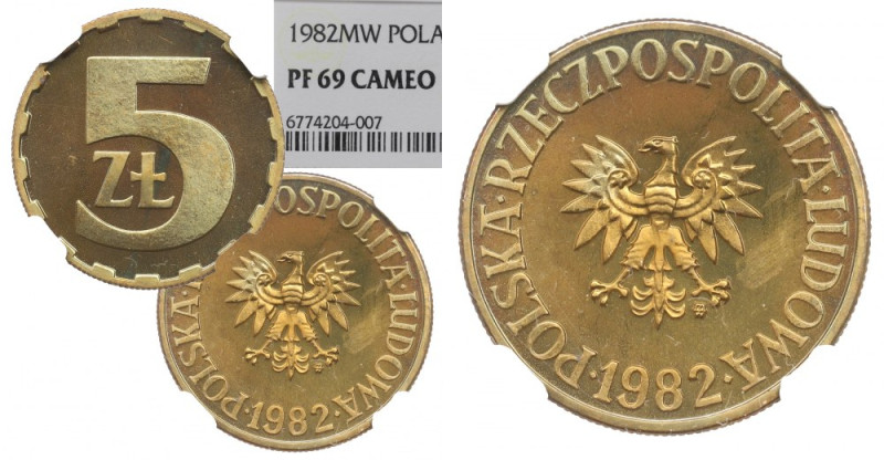 PRL, 5 złotych 1982 - NGC PF69 Cameo Wyśmienicie zachowana lustrzana 'piątka'. M...