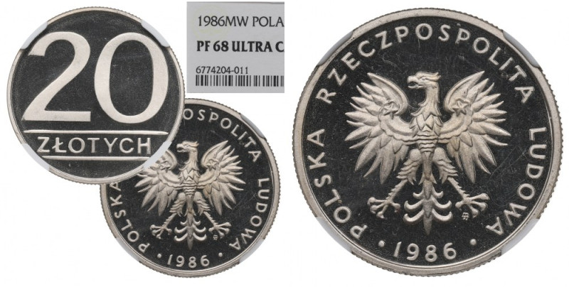 PRL, 20 złotych 1986 - NGC PF68 Ultra Cameo Okazowa lustrzana 'dwudziestka'. Mon...