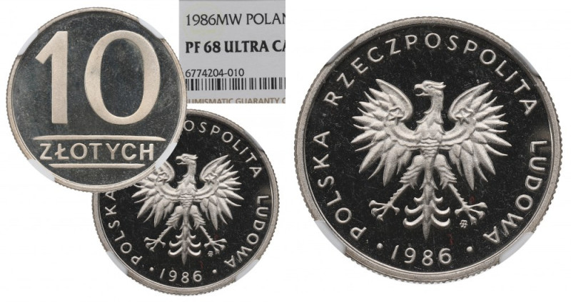 PRL, 10 złotych 1986 - NGC PF68 Ultra Cameo Wyśmienity egzemplarz. Moneta doceni...