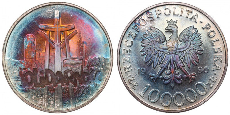 III RP, 100.000 złotych 1990 Solidarność typ A Piękny, menniczy przykład uncjowe...