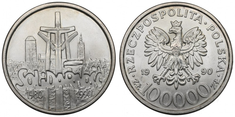 III RP, 100.000 złotych 1990 Solidarność typ B Bardzo ładny, okołomenniczy stan ...