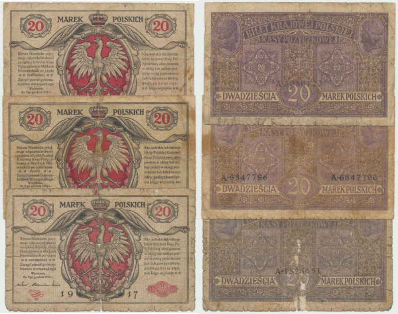 GG, Zestaw 2 x 20 mkp 1916 A Jenerał i 20 mkp Generał B Lubiane banknoty w kondy...