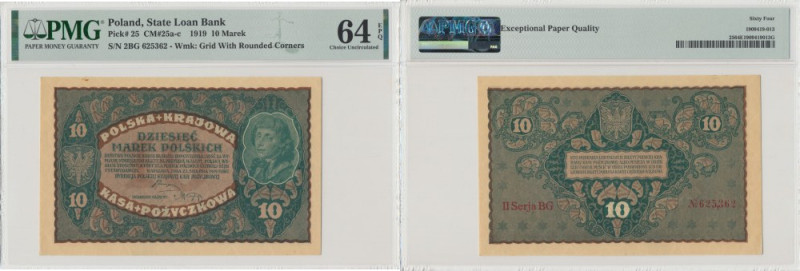 II RP, 10 marek polskich 1919 II Serja BG - PMG 64EPQ Banknot w emisyjnym stanie...