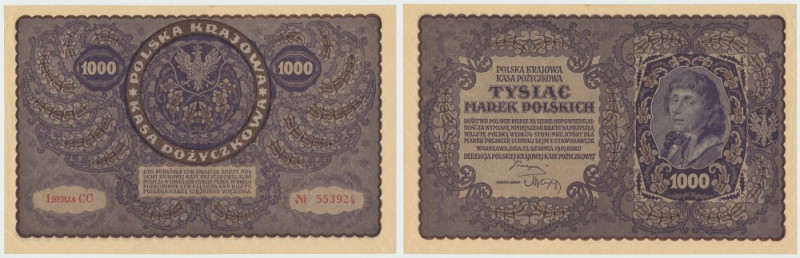 II RP, 1000 marek polskich 1919 I SERJA CC Banknot o przyjemnej prezencji z nied...