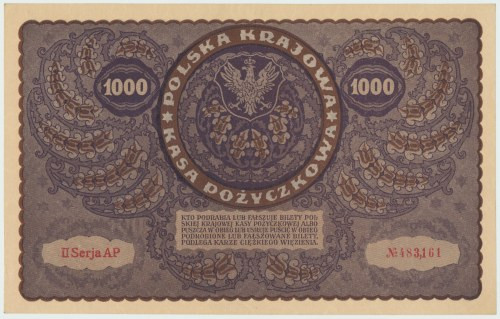 II RP, 1000 marek polskich 1919 II SERJA AP Doskonale zachowany banknot o idealn...