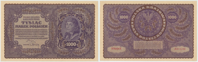 II RP, 1000 marek polskich 1919 II SERJA K Bardzo dobrze zachowany banknot z pac...