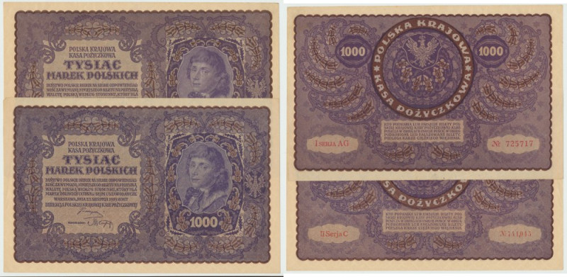 II RP, Zestaw 1000 marek polskich 1919 II SERJA C i I SERJA AG (2 egz) Zestaw 2 ...