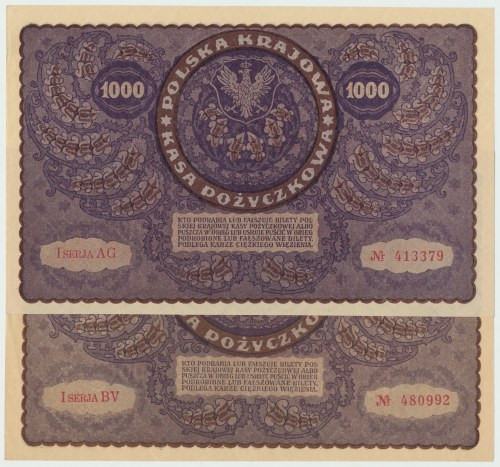 II RP, Zestaw 1000 marek polskich 1919 I SERJA AG i BV - 2 egz. Banknoty o bardz...