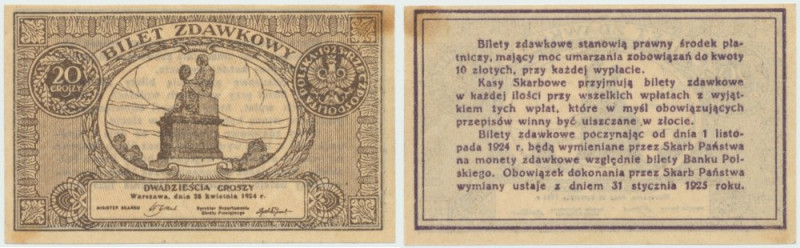 II RP, 20 groszy 1924 Doskonale zachowany banknot w niemal emisyjnym stanie zach...