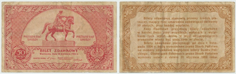 II RP, 50 groszy 1924 Poprawnie zachowany egzemplarz, kilkukrotnie złamany.
 Bi...