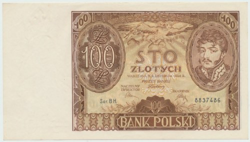 II RP, 100 złotych 1934 BH. dodatkowy znak wodny X Banknot w niemal emisyjnym st...