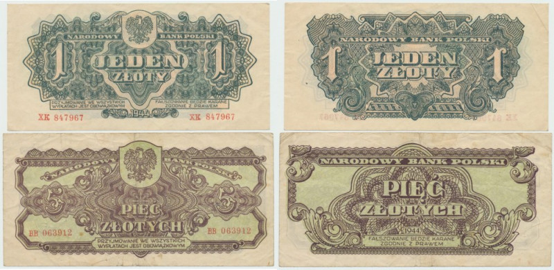 PRL, Zestaw banknotów z 1944 Obiegowe przyjemne wizualnie egzemplarze z lubianej...