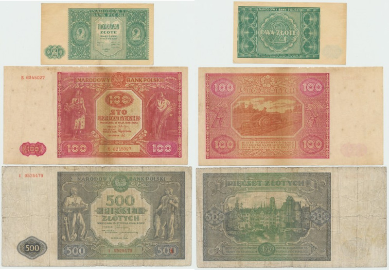 PRL, Zestaw banknotów z roku 1946 (3 egz) Zestaw obiegowych banknotów z lubianeg...