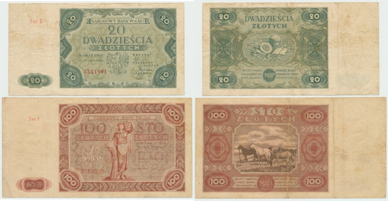 PRL, Zestaw 20 i 100 złotych 1947 Zestaw dwóch banknotów z lubianej serii w kond...