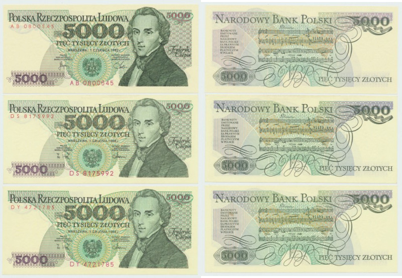 PRL, 5000 złotych 1982-1988 - zestaw 3 egz. Zestaw trzech banknotów w stanie emi...