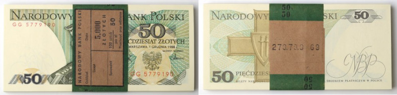 PRL, 50 złotych 1988 GG paczka bankowa Doskonale zachowana oryginalna paczka ban...