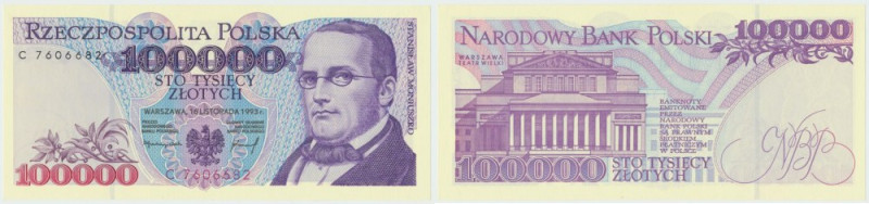 100.000 złotych 1993 C Banknot w wyśmienitym emisyjnym stanie zachowania. Rzadsz...