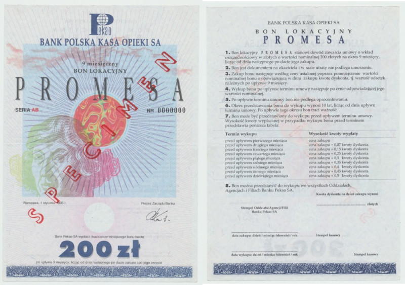 Lokacyjny Bon PKO Promesa AB 1995 - 200 zł - SPECIMEN 9-miesięczny bon lokacyjny...