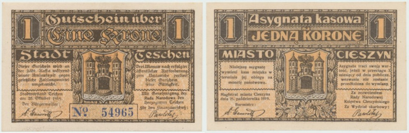 Cieszyn (Teschen), 1 korona 1919 Banknot w wyśmienitym stanie zachowania i dosko...