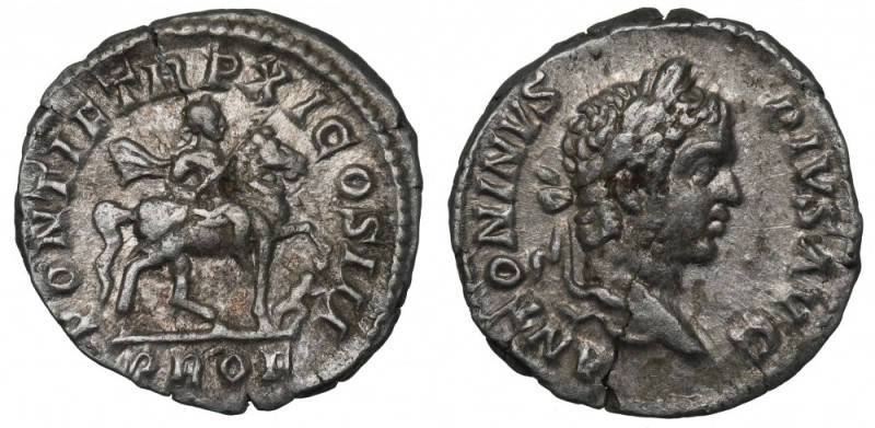 Roman Empire, Caracalla, Denarius Ładny przykład tej emisji. Awers: Głowa cesarz...