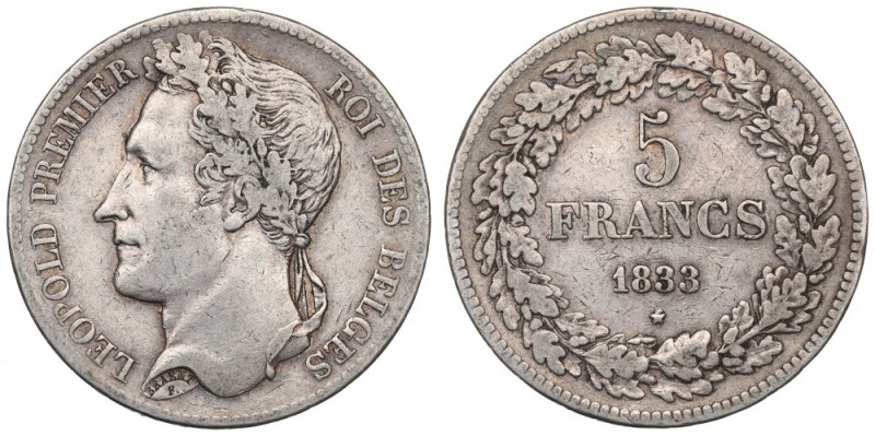 Belgium, 5 francs 1833 Obiegowy przykład rzadszej w handlu emisji. 
Reference: ...