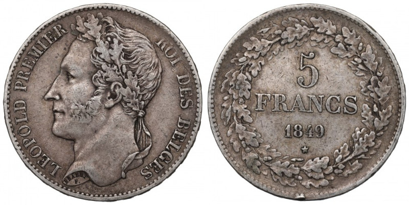 Belgium, 5 francs 1849 Ładny przykład lubianej emisji. Dobrze zachowane detale....