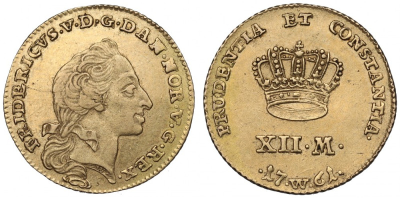 Denmark, 12 mark 1761 Ładny przykład rzadszej w handlu emisji. Złoto .875, waga ...