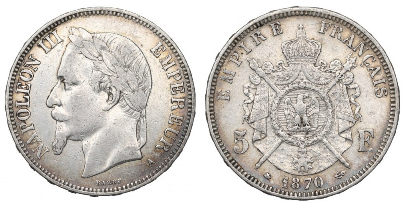 France, 5 francs 1870 Ładny przedstawiciel lubianej emisji. Ostatni rocznik tej ...