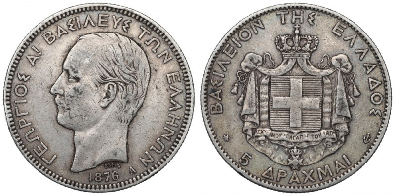 Greece, 5 drachmai 1876 A Rzadsza pozycja w miłej dla oka obustronnej patynie. R...