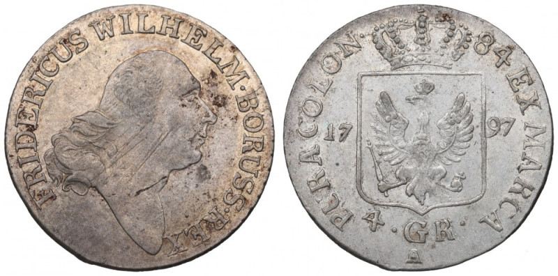 Germany, Preussen, 4 groschen 1797 Piękny okołomenniczy przykład tej emisji. Ska...