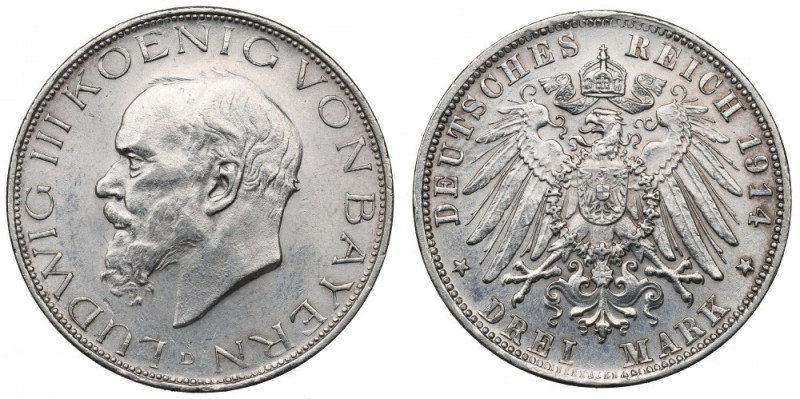 Germany, Bayern, Ludwig III, 3 mark 1914 D Bardzo ładnie zachowana 3-markówka. O...