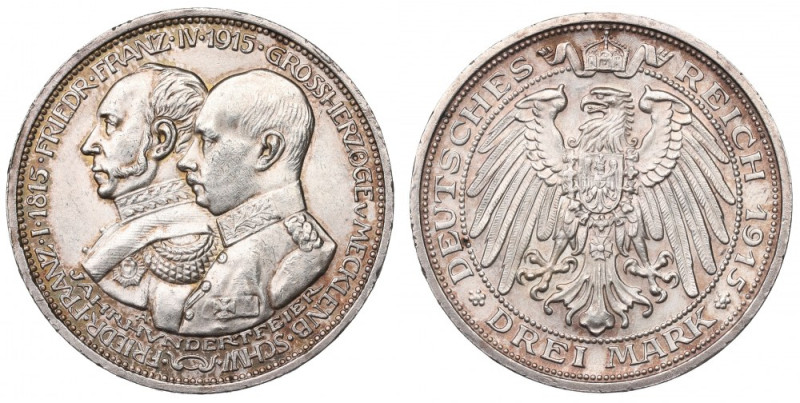 Germany, Mecklemburg-Schwerin, 3 mark 1915 Bardzo ładny, okołomenniczy przykład ...