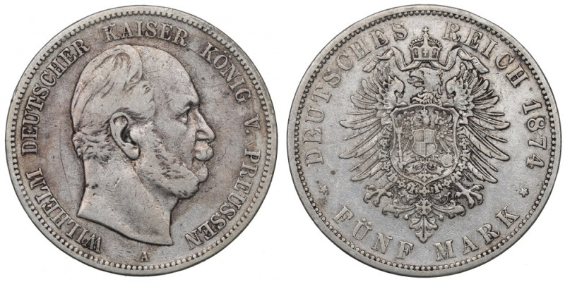 Germany, Preussen, 5 mark 1874 Obiegowy, czytelny przykład tej emisji. 
Grade: ...