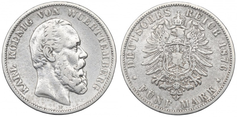 Germany, Wuerttemberg, 5 mark 1876 Obiegowy przykład rzadszej typologicznie emis...