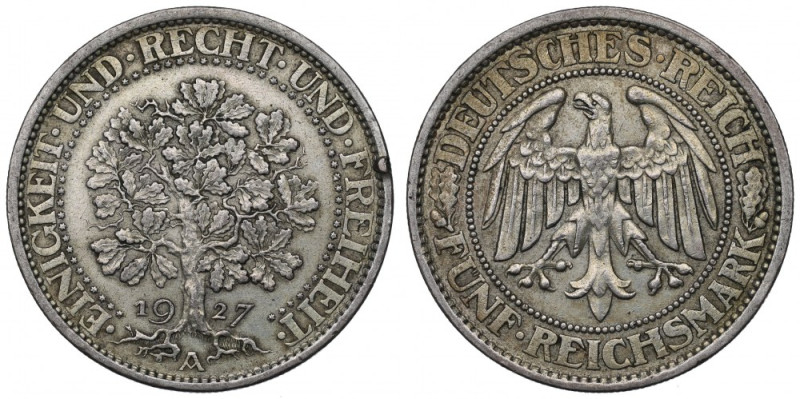 Germany, Weimar Republic, 5 mark 1927 A Ładny przykład tej emisji, o dobrze zach...