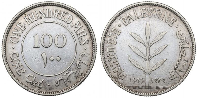 Palestyna, 100 mils 1939 Ładny, obiegowy przykład lubianej emisji. 
Grade: VF+...