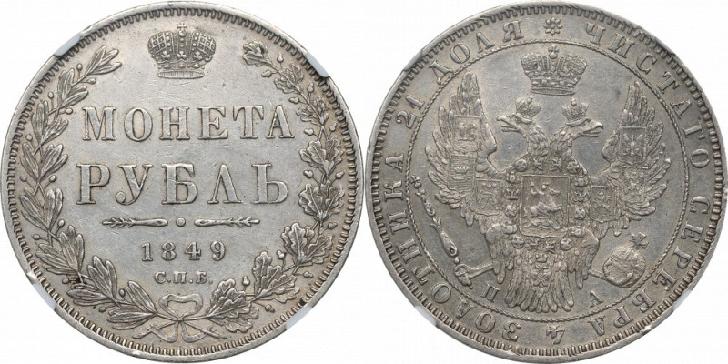 Russia, Nicholas I, Rouble 1849 ПА - NGC AU Details Bardzo ładny egzemplarz z ob...