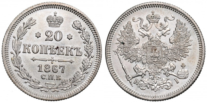 Russia, Alexander II, 20 kopecks 1867 Bardzo ładny, okołomenniczy przykład lubia...