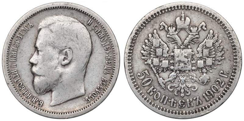 Russia, Nicholas II, 50 kopecks 1902 Naturalny, obiegowy przykład rzadkiego rocz...