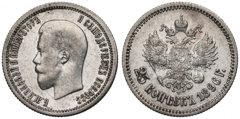 Russia, Nicholas II, 25 kopeks 1896 Ładny przykład rzadszej w handlu emisji. Awe...