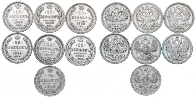 Russia, Lot of 15 kopecks 1891-1914 Różne roczniki i stany zachowania.