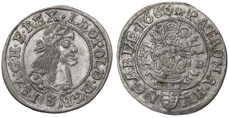 Hungary, 3 kreuzer 1666 Ładny przykład węgierskiej trzykrajcarówki. 
Reference:...