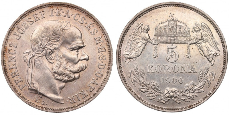 Hungary, Franz Joseph, 5 korona 1900 Okołomenniczy przykład węgierskiej emisji. ...