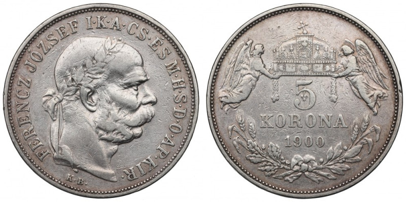 Hungary, Franz Joseph, 5 korona 1900 Obiegowy przykład węgierskiej emisji. 
Ref...