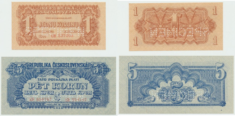 Czechosłowacja, Zestaw 1 i 5 koron 1944 - specimen Zestaw dwóch banknotów w kond...