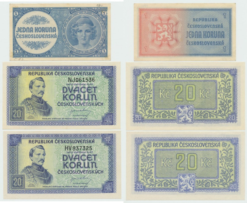 Czechoslovakia, Set of 1 and 20 crowns - 3 pcs Zestaw 3 banknotów, 20 Koron - Sp...